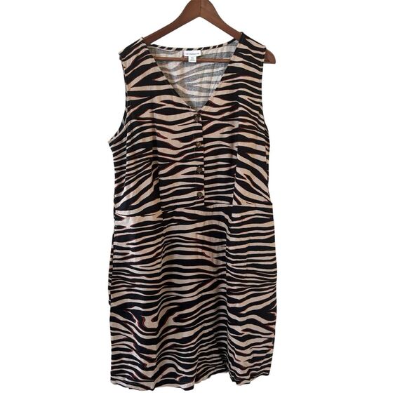 Liz Claiborne Womens Zebra Print Dress XXL Black Beige Linen Blend Office Party - Picture 1 of 10
